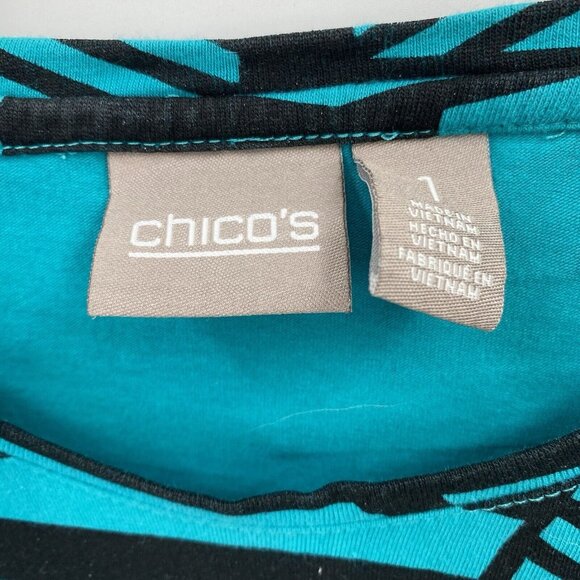 Chicos Blue Green Long Sleeve T Shirt Black Geometric Pattern Round Neck Size M - Picture 2 of 4